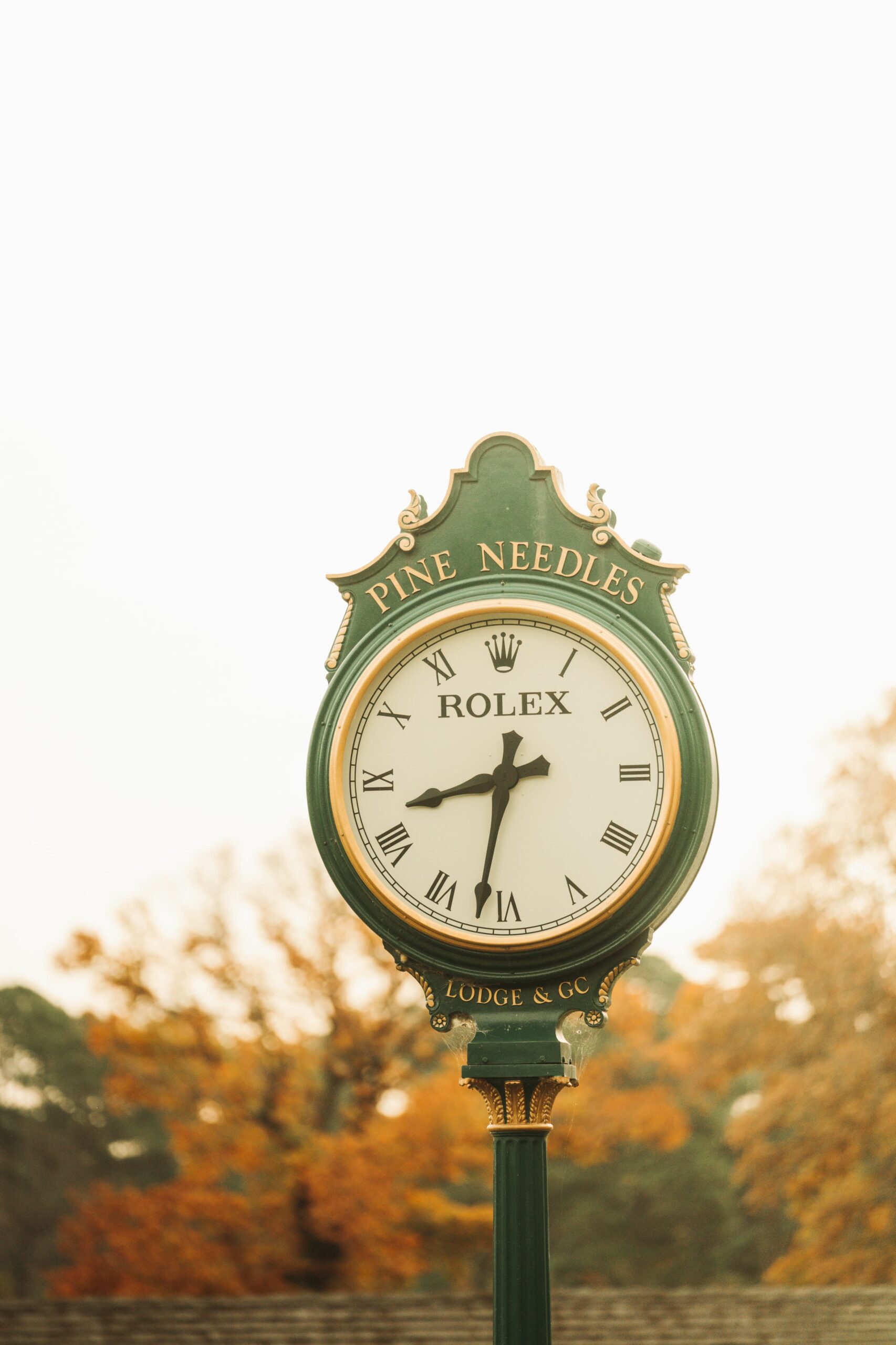 A vintage-style green clock with a white face displaying Roman numerals. The top features the text 'PINE NEEDLES' and 'ROLEX' below it. The clock is mounted on a pole, with autumn foliage blurred in the background.