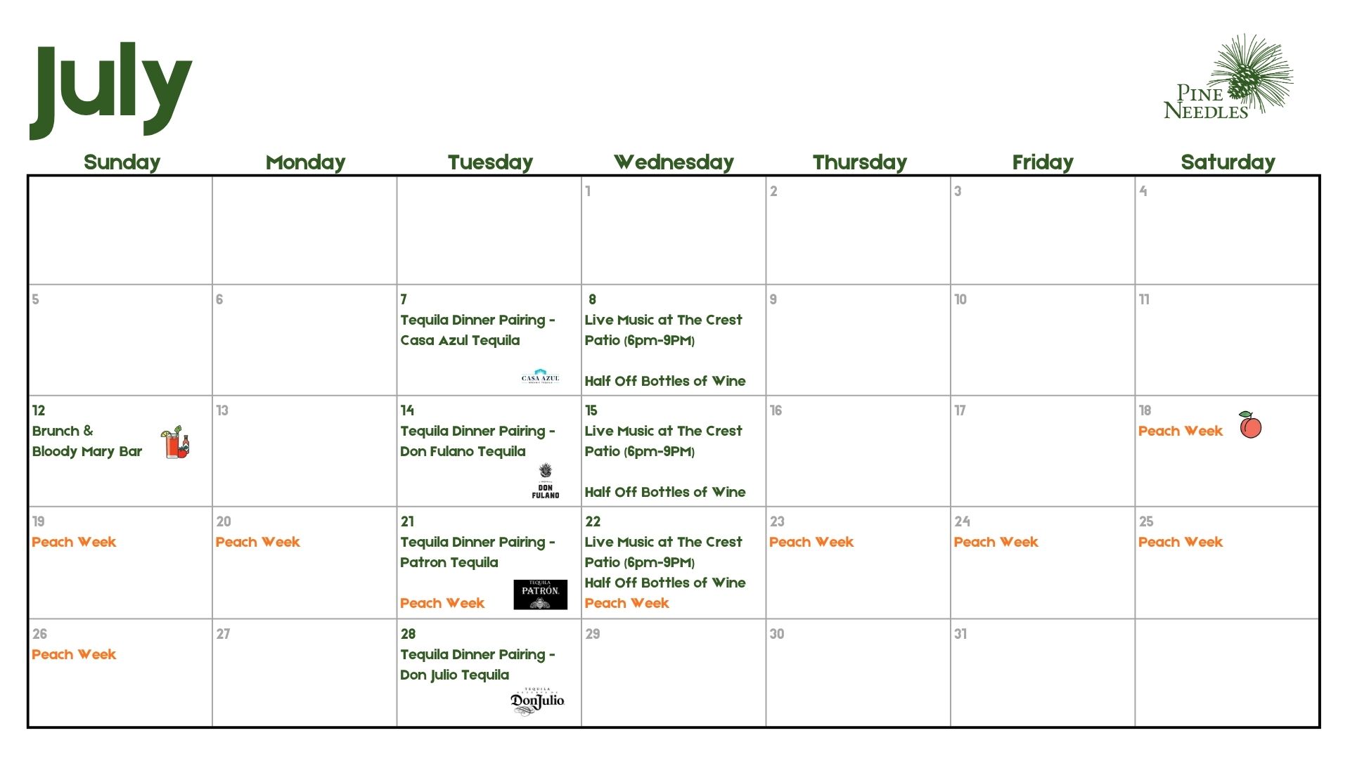 A July calendar with events listed for each date. Notable entries include "Tequila Dinner Pairing" on multiple days, "Peach Week" observed throughout the month, and various promotions at a venue called "The Crest." The design features green and white colors.