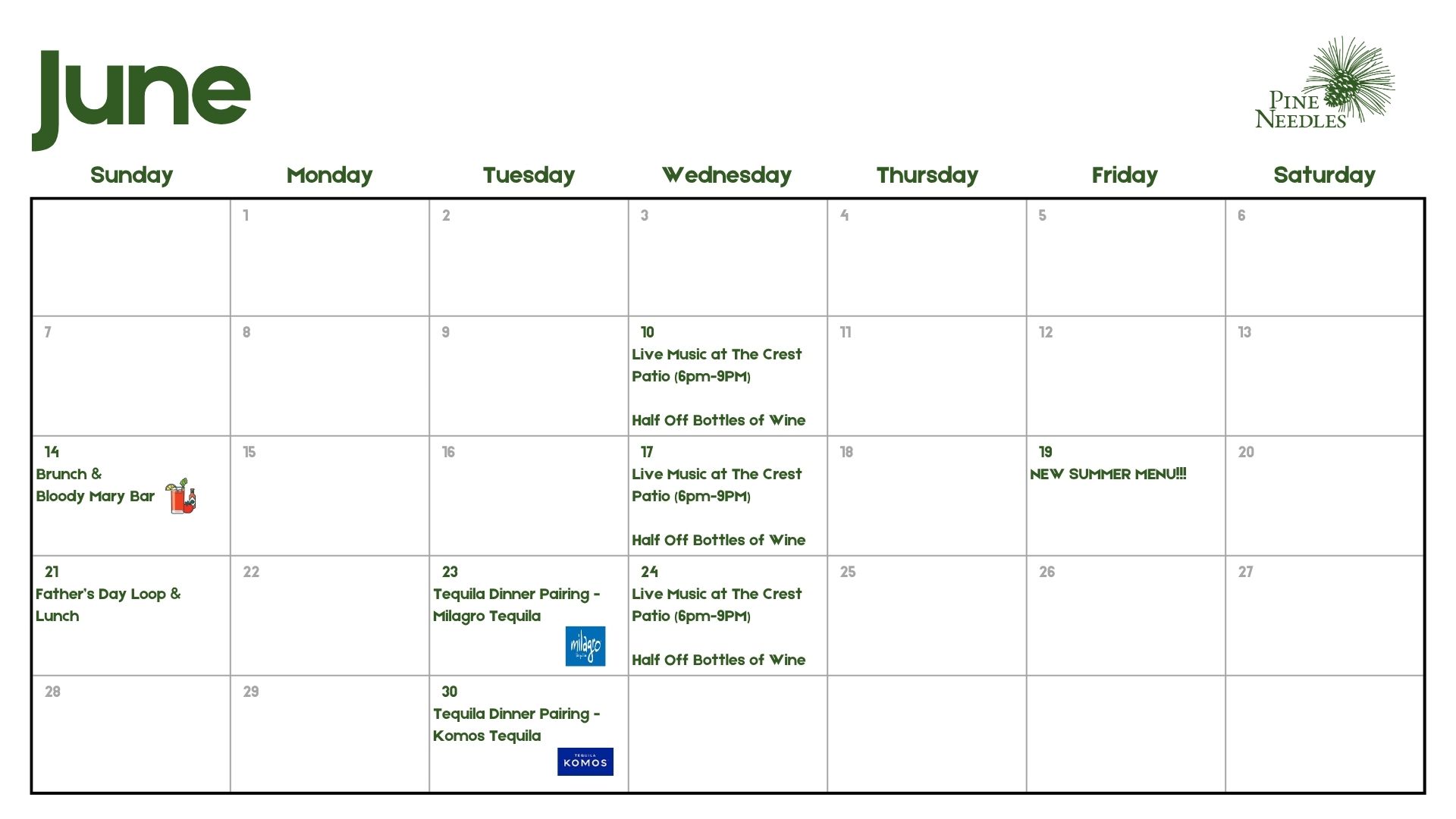 A calendar for June displays the month with highlighted events. Dates include special offers like "Live Music at The Crest" on the 21st and "Tequila Dinner Pairing" on the 23rd. The calendar features a green header with a palm logo.