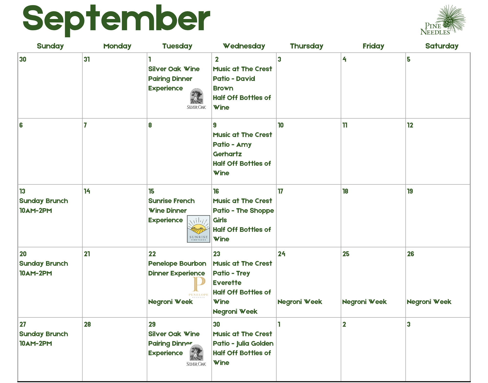 A September calendar for Pine Needles shows scheduled events and promotions in a grid, with dates and color-coded entries for wine dinners, live music, brunches, and Negroni week.