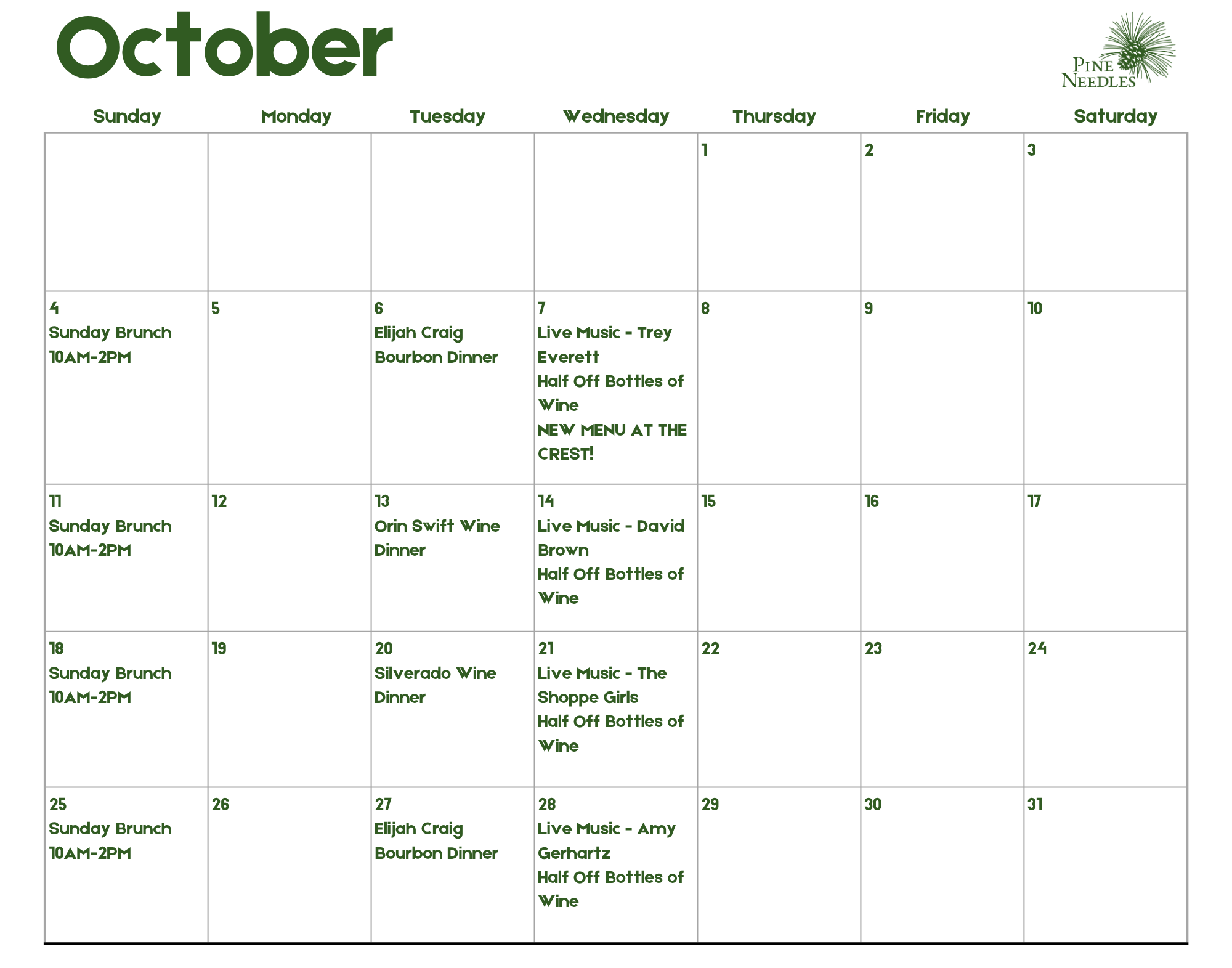 An October calendar for Pine Needles golf club showing weekly events and dinners in a grid layout.